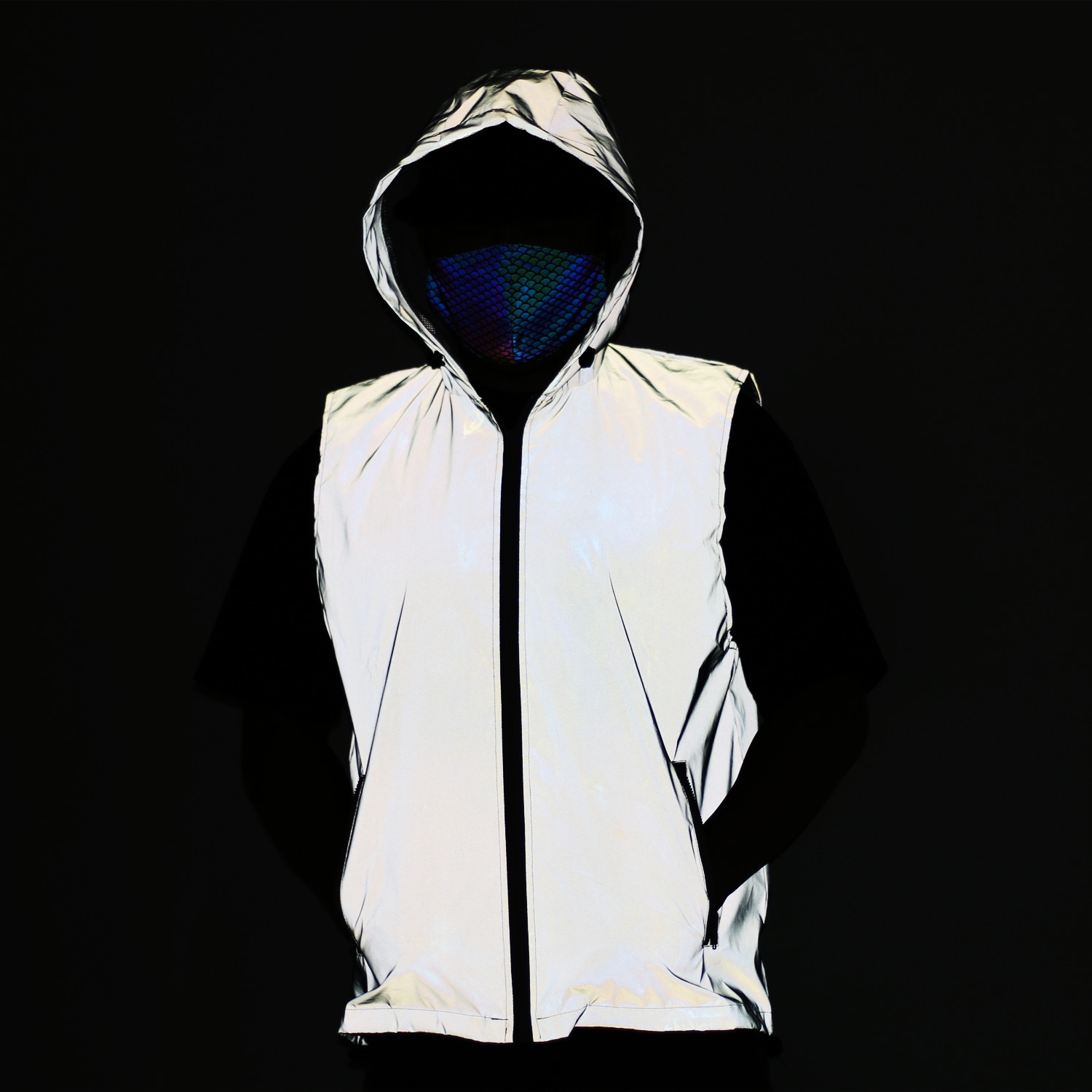 Factory Direct Sales European and American Cross-Border Fully Reflective Hooded Vest for Men and Women Outdoor Sports Reflective Clothing Loose Vest