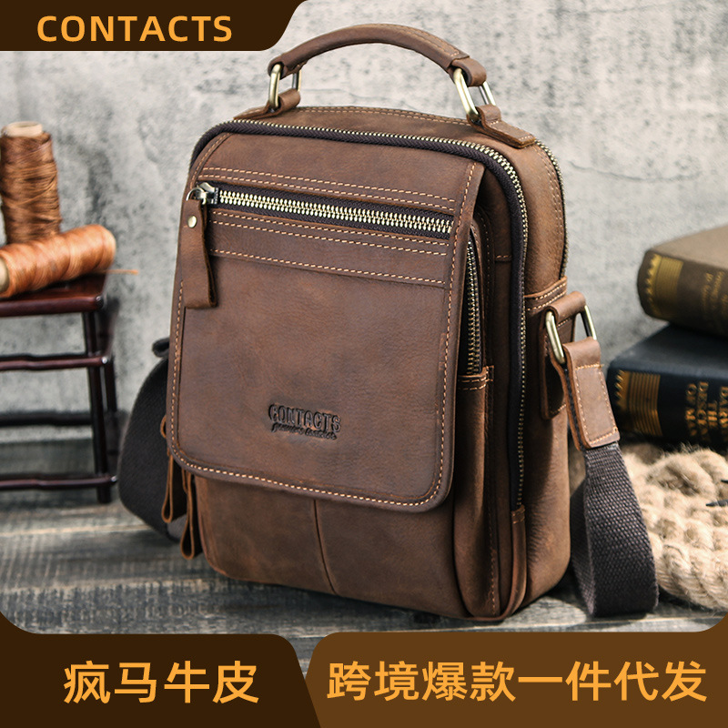 Black Angel Retro Crazy Horse Cowhide Men's Crossbody Bag Casual Trendy Men's Shoulder Genuine Leather Men's Bag Dropshipping