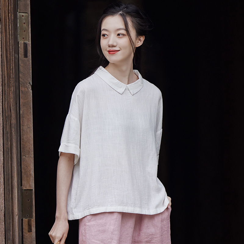 2026 Summer Cotton and Linen Women's Clothing, Artistic Lapel Short-Sleeved Tops, Women's Age-Reducing Loose T-Shirts
