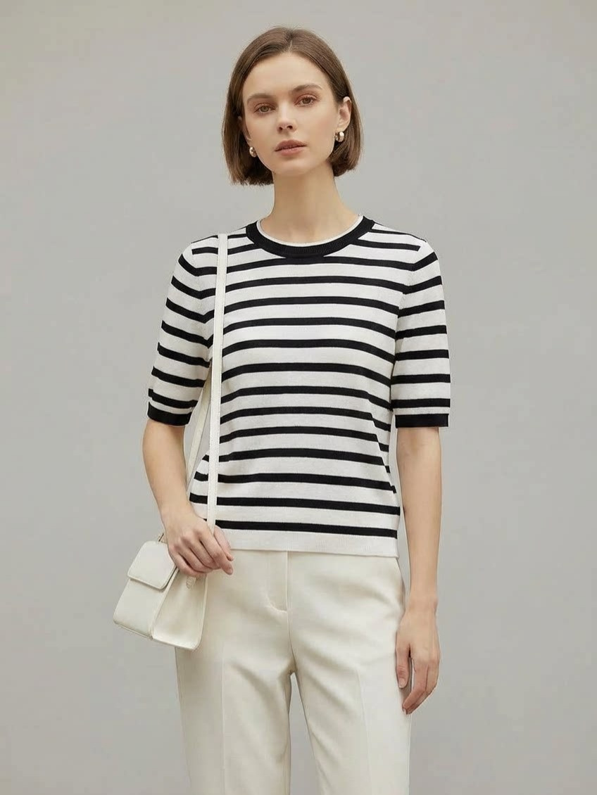 Xiaohe's Same Style Ultra-Fine Tencel Casual Striped Short-Sleeve Knit Top for Women, New Spring/Summer Round Neck Pullover