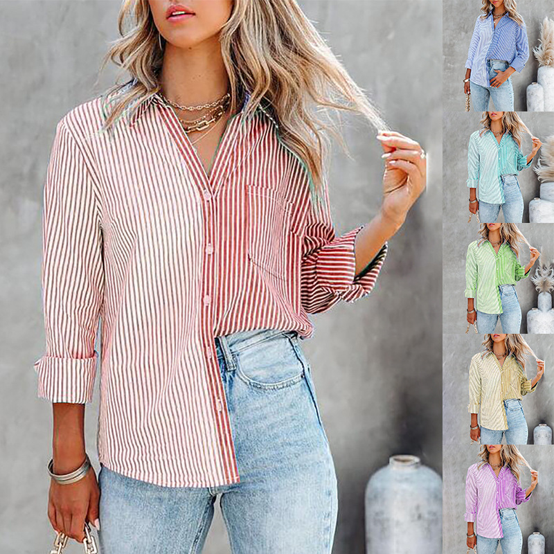 Cross-Border 2021 Autumn and Winter New Amazon European and American Stripesd Contrasting Print Long-Sleeved Cardigan Single-Breasted Women's Shirt