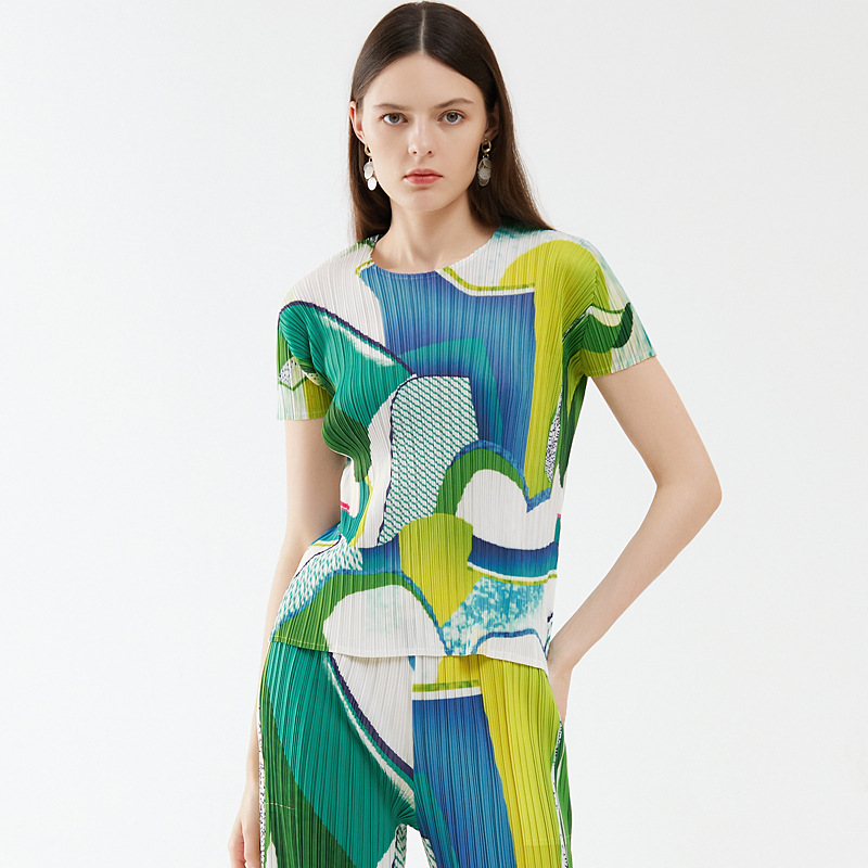 Miyake Casual Printed Suit Summer New Women's Short-Sleeved Tops Fashionable Korean Style Drapey Trousers Two-Piece Set for Women