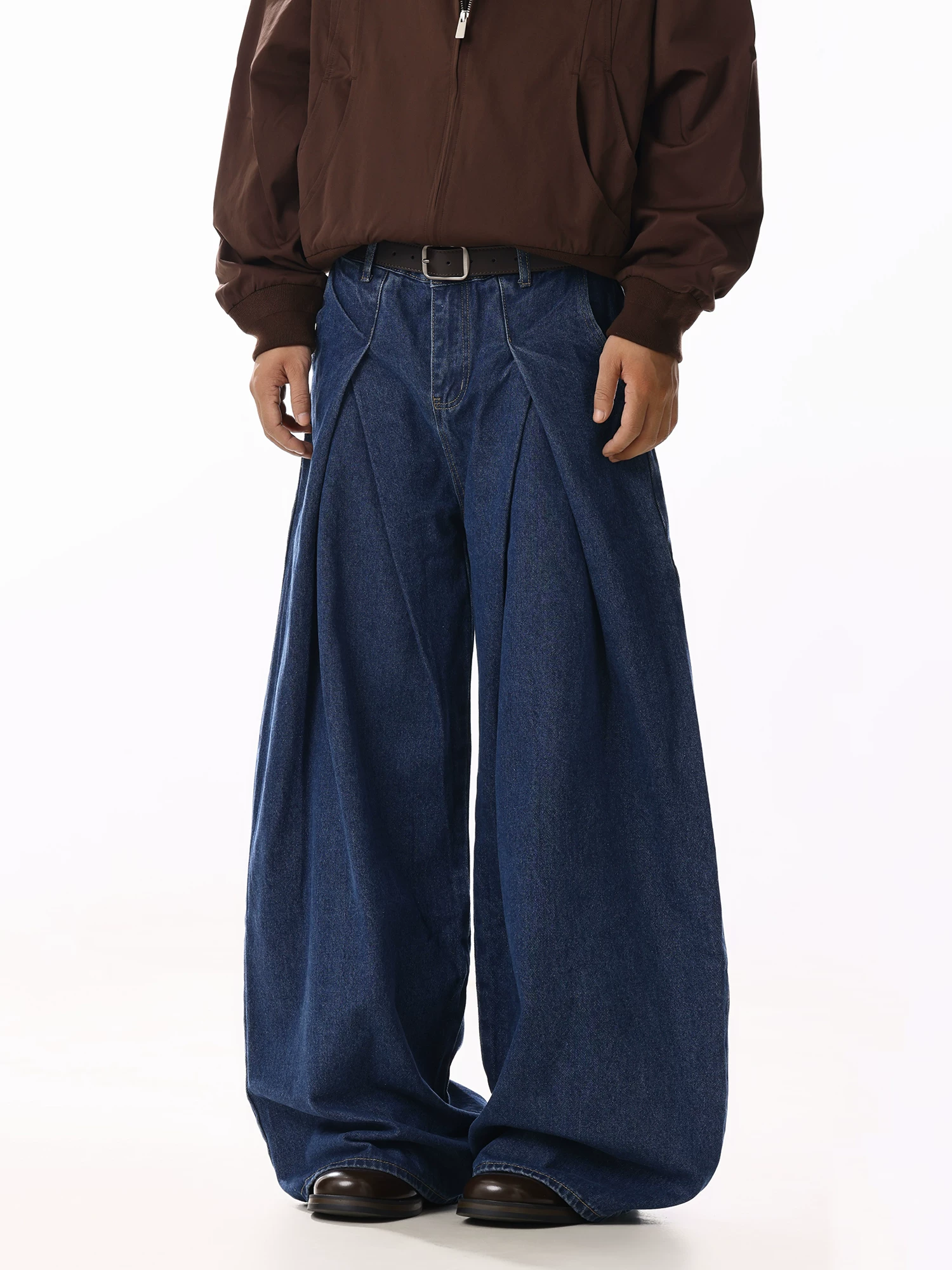 American Retro Pleated Design Dark Blue Jeans for Men and Women, Loose and Versatile, High-End Casual Straight-Leg Wide-Leg Pants