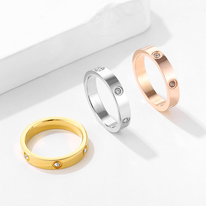 Light Luxury Classic Internet Celebrity Hot-Selling Titanium Steel Ring with 6 Diamonds, Stainless Steel Ring for Women, Non-Fading, Finely Carved 4mm