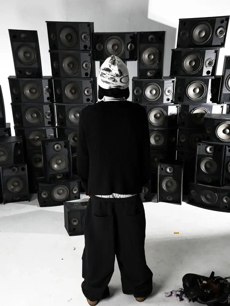 [Pccvision] 3Man0N 3 White Patchwork Black and Gray Double-Waist Pleated Loose Sweatpants
