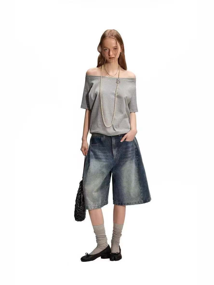 New American Retro Style Five-Point Jeans for Men and Women, Summer New Loose High-Waisted Relaxed Wide-Leg Five-Point Shorts