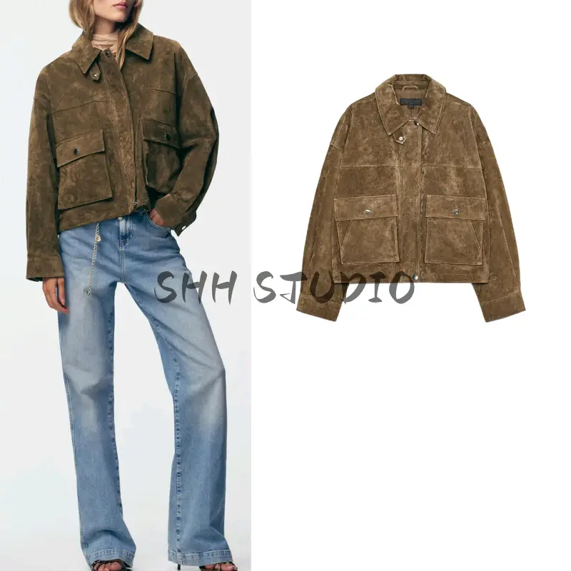 Autumn New Women's Clothing European and American Style Lapel Long-Sleeve Suede Faux Leather Bomber Jacket 8073253
