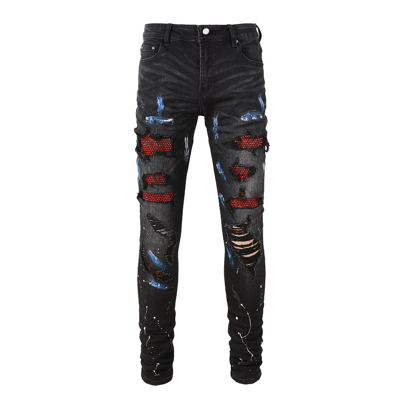 High Street Trendy Brand Cross-Border Men's Jeans with Rhinestones, Black Ripped Patch Jeans, Stretchy Men's Trendy Brand Pants