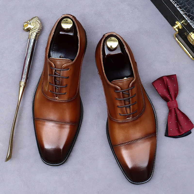 【】First-Layer Cowhide Leather Shoes Brand Three-Stripe Genuine Leather Oxford Formal Business Leather Shoes for Men, Gentleman Style, Vintage Color