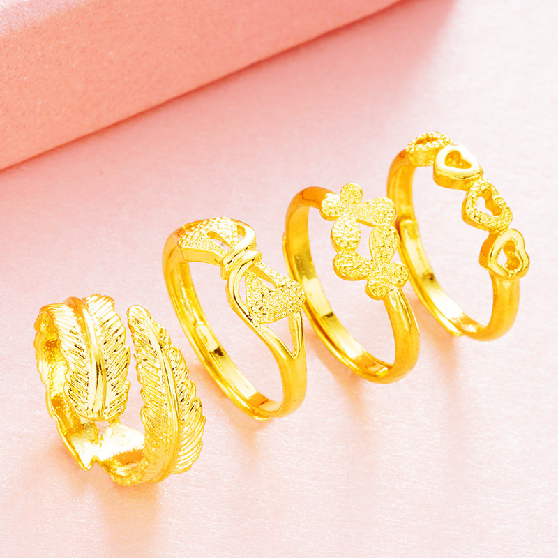 Gold-Plated Ring for Women, Adjustable, Imitation Gold Ring with Four-Leaf Flower and Star Pattern, Gold Ring