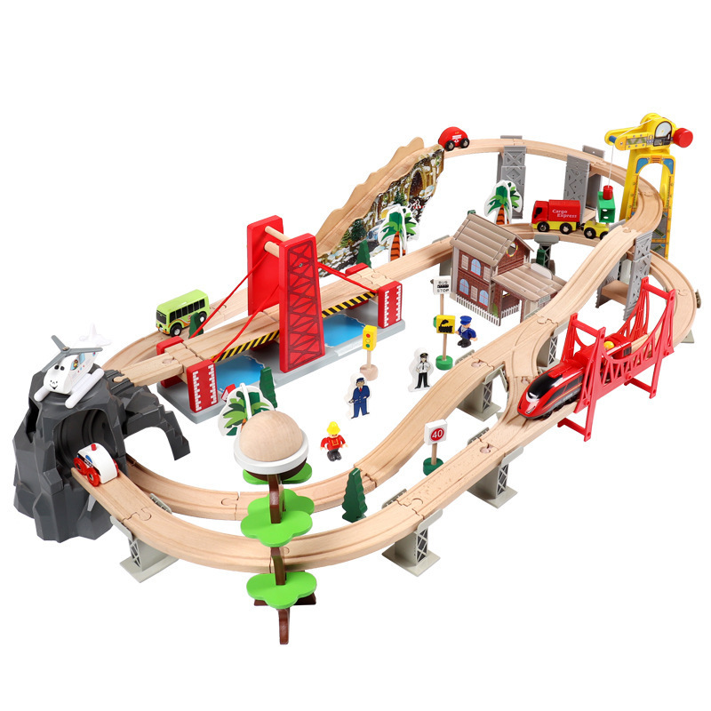 New 100 pice luxury wooden electric track suit series train track children's diy assembled toys wholesale