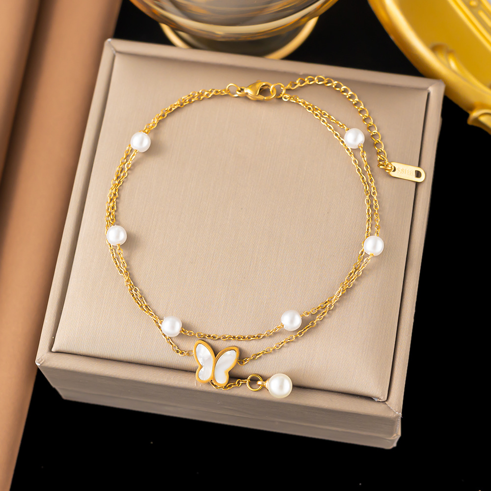 Stainless steel anklet women's Korean-style fashion double-layer Pearl butterfly pendant shell anklet titanium steel jewelry girls' gift