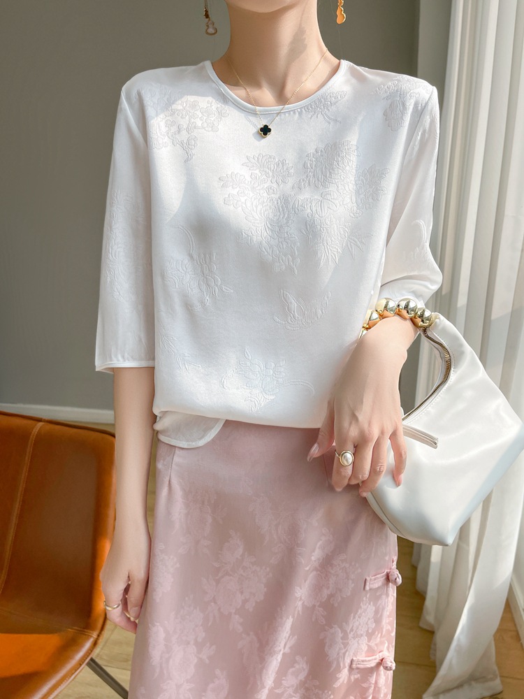 26 Spring/Summer Women's Three-Quarter Sleeve T-Shirt, Round Neck Pullover, Chinese Style Satin Jacquard Shirt, Thin New Chinese Style Light Luxury Top