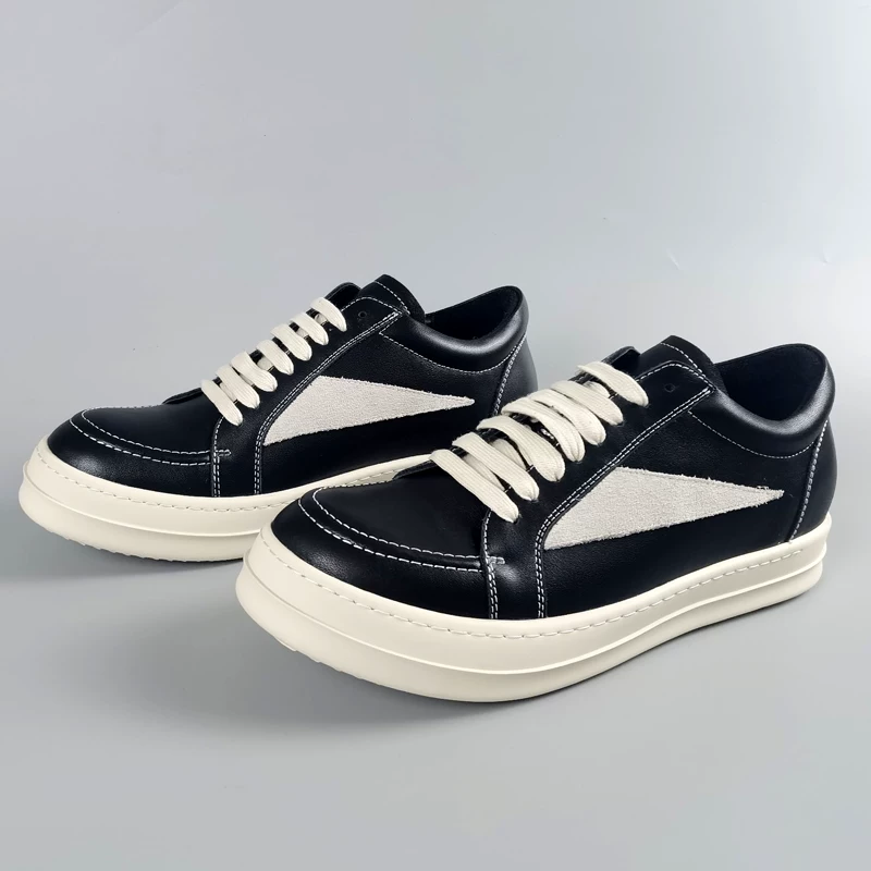 Low-Top Triangular Shoes, Genuine Leather Thick-Soled Low-Top Sneakers for Men, Versatile, Breathable, Lace-Up, Sports and Casual Co-Branded Shoes, Trendy