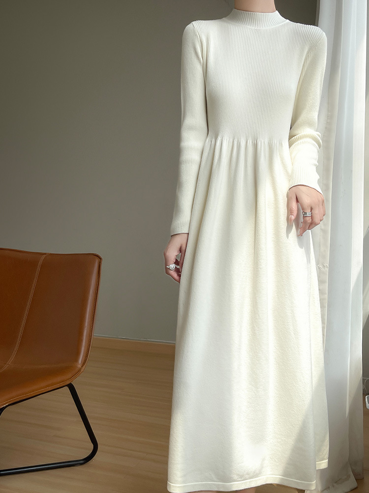 Autumn and Winter New Long Sweater Dress Knitted Thickened Over-the-Knee Base Skirt Half-High Neck Inner dress Cover Meat