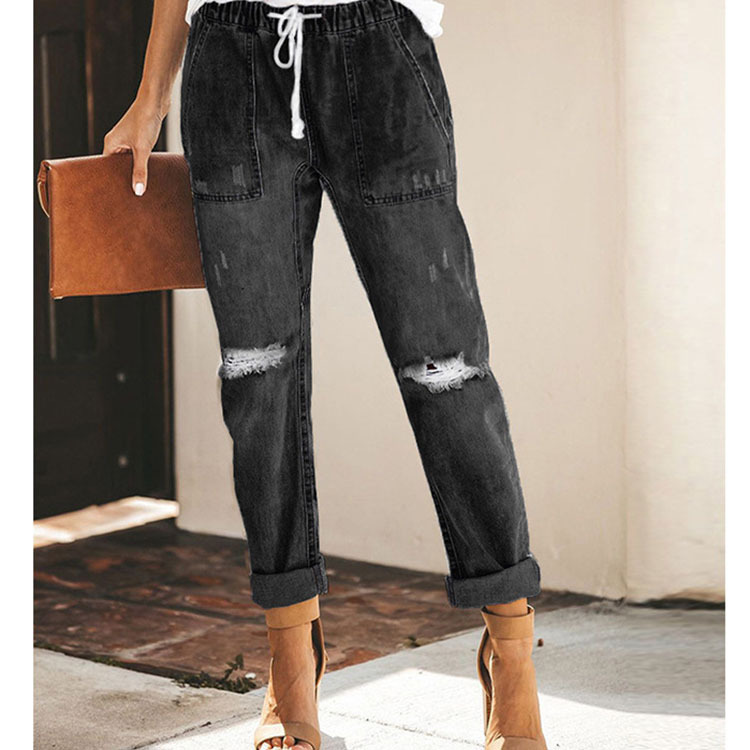 Cross-border wish AliExpress women's jeans fashion casual street hipster Korean straight pants ripped pants women