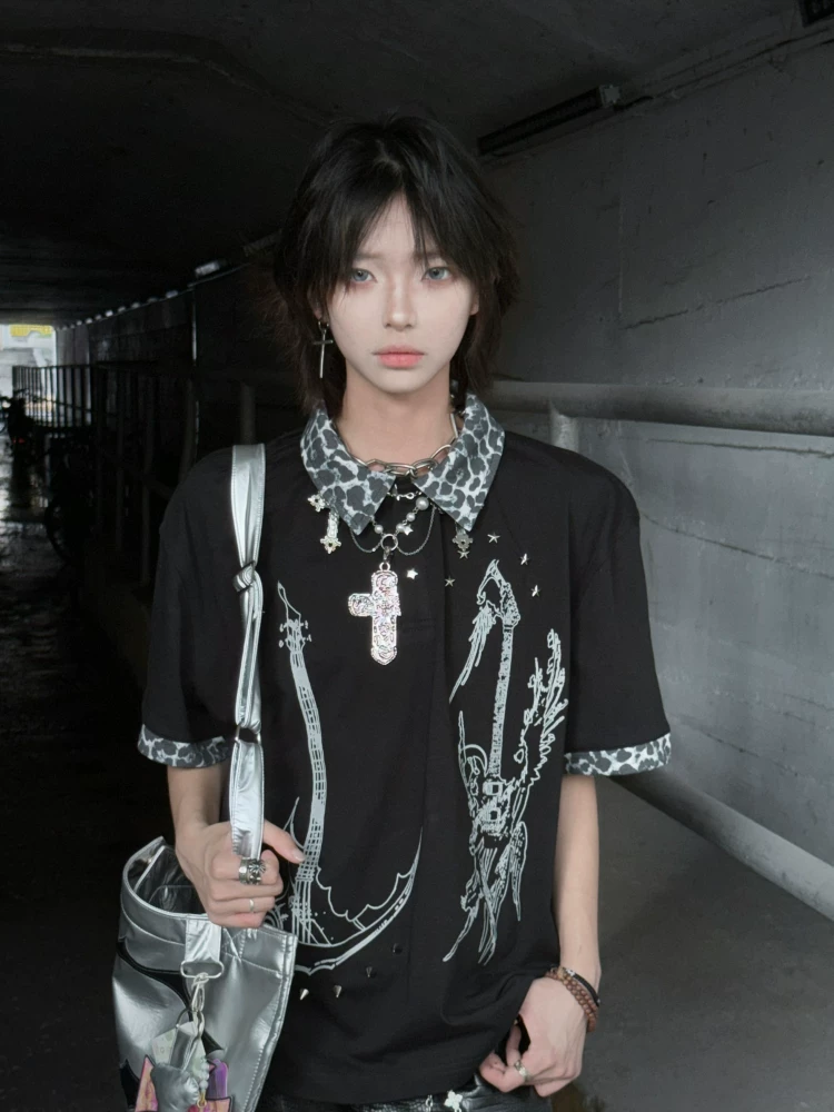 Paiki 2025Ss “Angel Devil” Leopard Print Patchwork Lapel Polo Shirt Casual Style Short-Sleeved Unisex Rivets