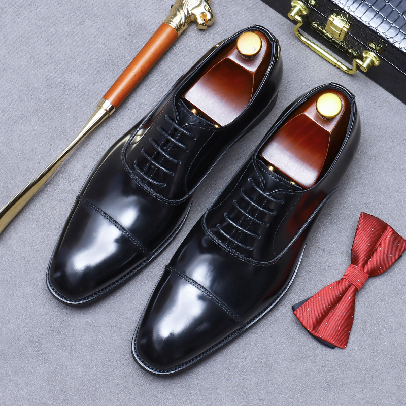 【Big Sale】European Style Handmade Men's Leather Shoes Genuine Leather Glossy Three-Panel Business Formal Oxford Shoes Factory Low-Top