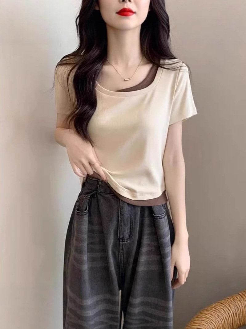 Square Neck, Right Shoulder, Short-Sleeved T-Shirt for Women, Summer 2025 New Tight Slim Design, Slimming Look Fake Two-Piece Short Top