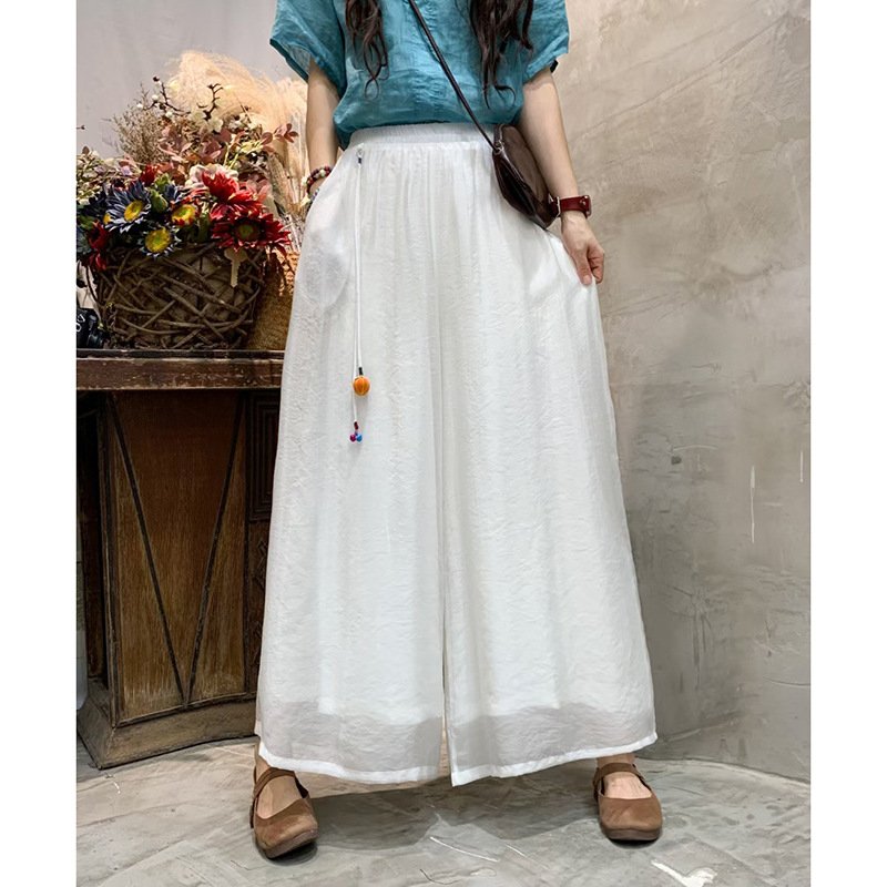 Retro Chinese Style High-Waisted Double-Layer Silk and Linen Wide-Leg Pants for Women 2026 Spring and Summer New Loose Versatile Casual Skirt Pants