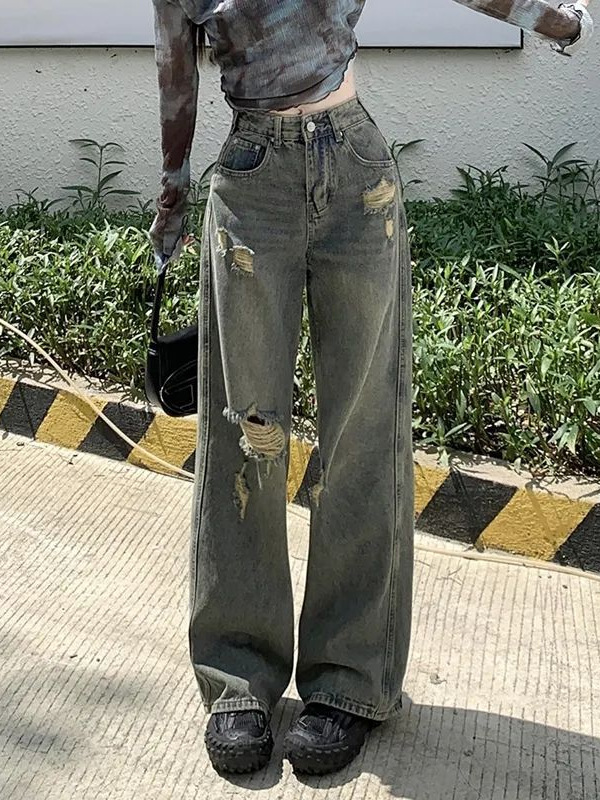 Vintage Irregular Frayed Hem Ripped Jeans for Women 2026 Spring and Autumn High Waist Straight Loose Slimming Wide Leg Long Pants