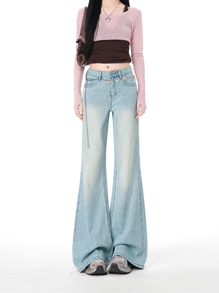 Light Blue American Retro Rhinestone Flared Jeans for Women 2026 New Spring High-Waisted Loose Bootcut Pants