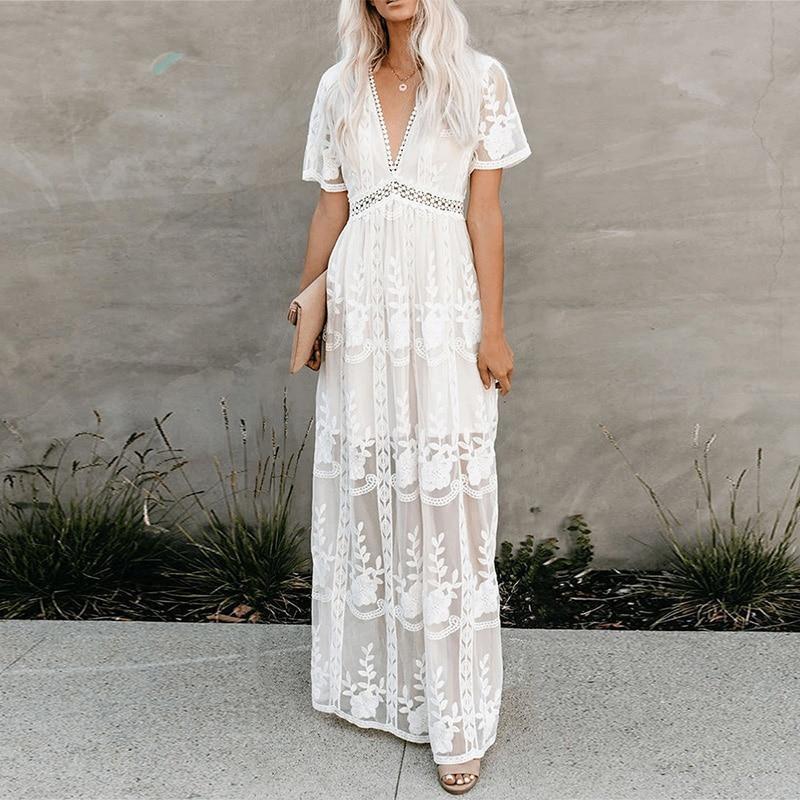 2023 New Summer Cross-Border Amazon New European and American Lace Cut Out Short-Sleeved Deep V Neck Women's Long Dress