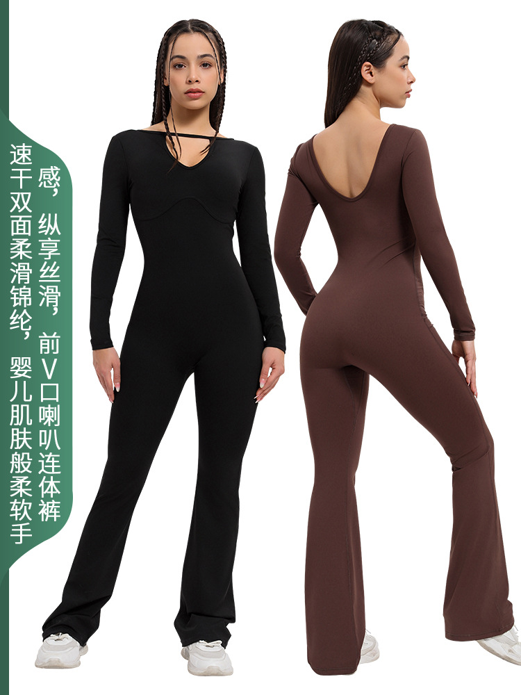 2026 Sun Protection Flared Pants Jumpsuit Women's Sports Training Fitness Wear High Elasticity Quick-Dry V-Neck Yoga Fitness Wear
