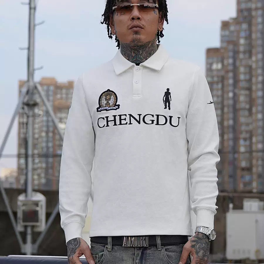 TGFCLUB223 series American hip hop chengdu street Drill trophy embroidered long -sleeved long -sleeved Polo shirt