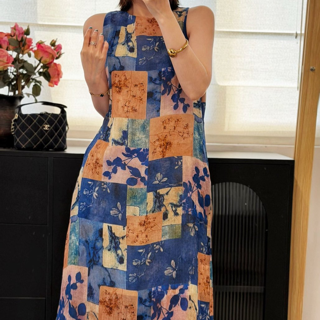 Nanyou 26 Popular Textured Ramie Printed Sleeveless Round Neck Loose Straight-Cut Long Dress That Flatters All Body Types