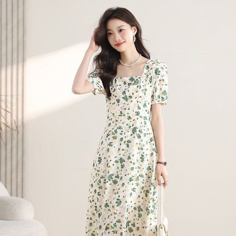 Green Floral Dress for Women 2026 Summer New Fashion Slimming Elegant Square Neck A-Line Chiffon Fairy Dress for Women