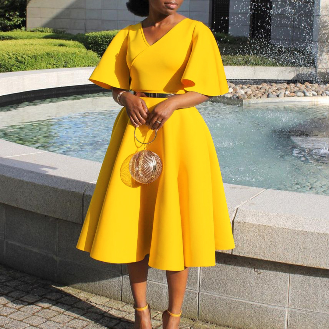 D3191 Cross-border Women's 2023 New Trumpet Sleeve V-neck Fashion Elegant Large Skirt Dress European and American Dress