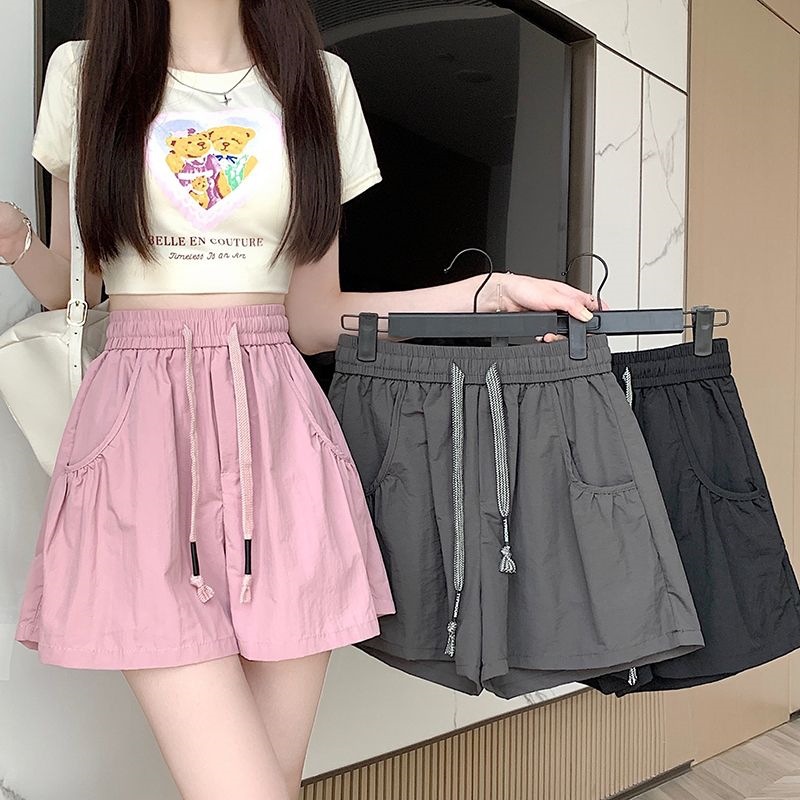Elastic Waist Cargo Casual Shorts, Thin Style, New 2026 Model, Petite Summer Drawstring High-Waisted Loose Wide-Leg Hot Pants