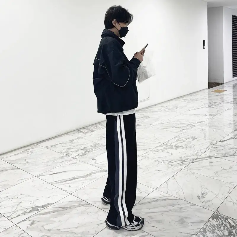 春秋微皱拼接撞色双层休闲裤男直筒宽松情侣款小众运动裤ins长裤-UK studio