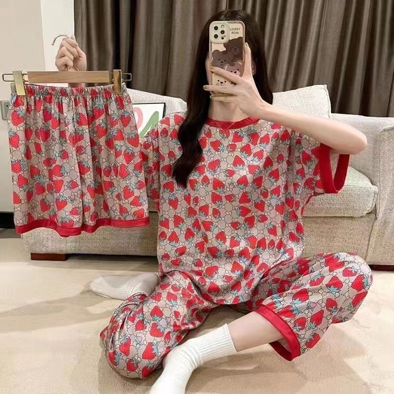 [Three-Piece Set] Women's New Summer Pajamas, Round Neck Pullover, Short-Sleeved Home Clothes, Casual Loose Short Pants Set