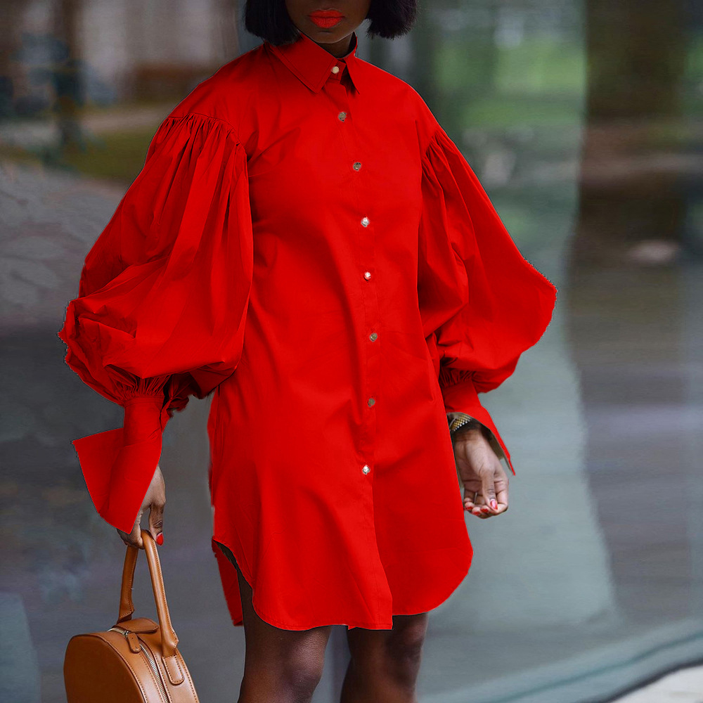 D3044 European and American Plus Size Women's Loose Bubble Sleeve Solid Color Casual Cross-border Long Sleeve Shirt Dress Foreign Trade Dress