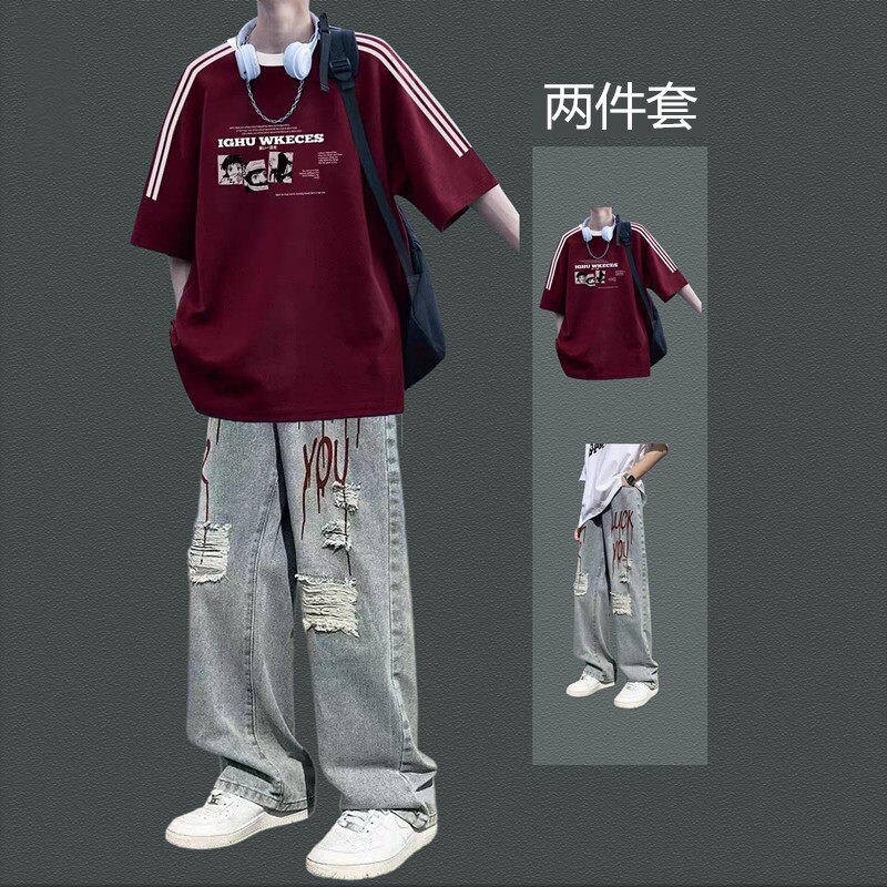 Trendy American-Style Short-Sleeved T-Shirts for Teenagers, Boys' Summer Outfits, Stylish Matching High-Street Ripped Jeans