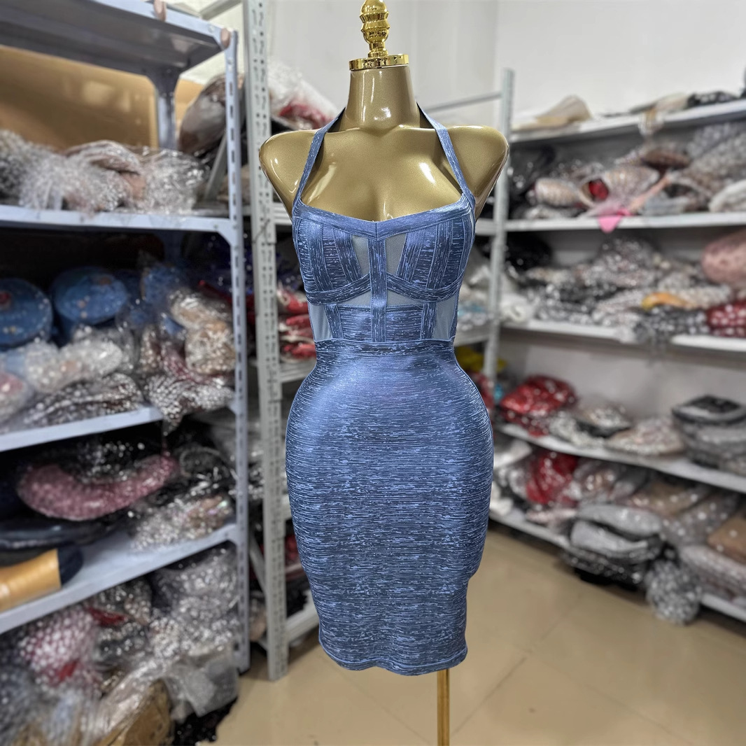 2025 Blue Fashion Backless Neck Sexy Sleeveless Tight Mini Bandage dress Gown