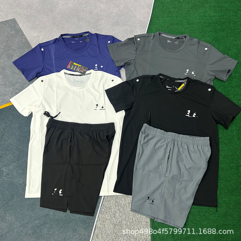 Foreign Trade Ready-Stock Ice Silk Quick-Dry Sports Short-Sleeve Shorts Set for Men, Summer Breathable Loose Fitness Crew Neck Top