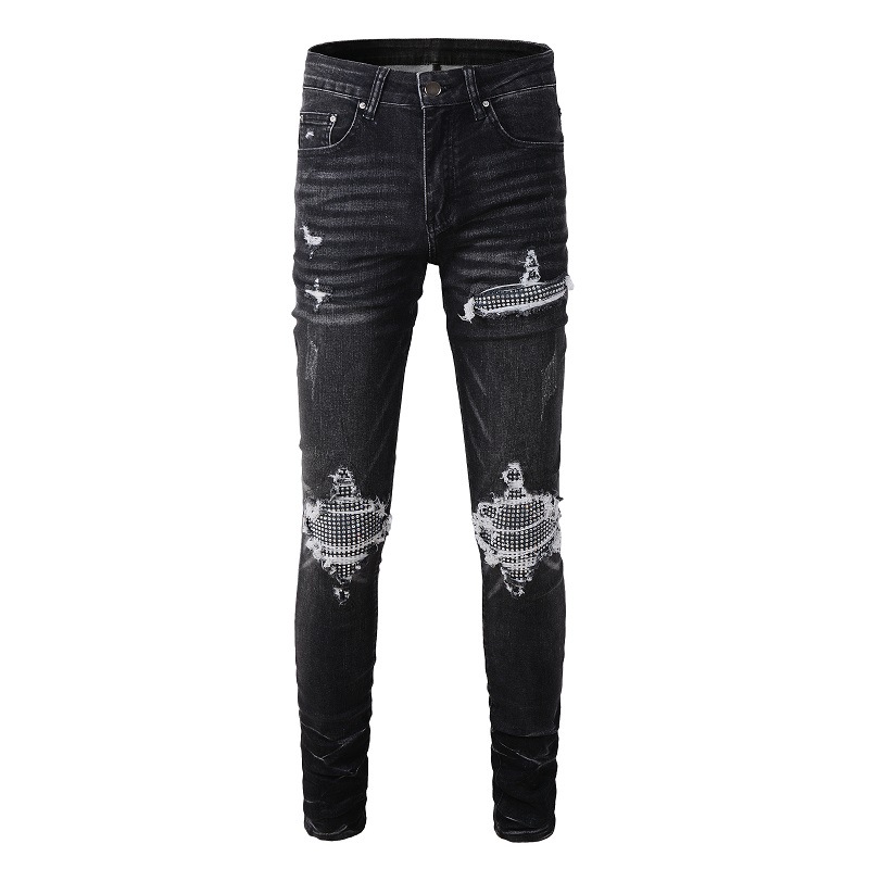 American High Street Cross-Border Men's Ripped Jeans with Rhinestones Trendy Slim Fit Black Ripped Pants 1350