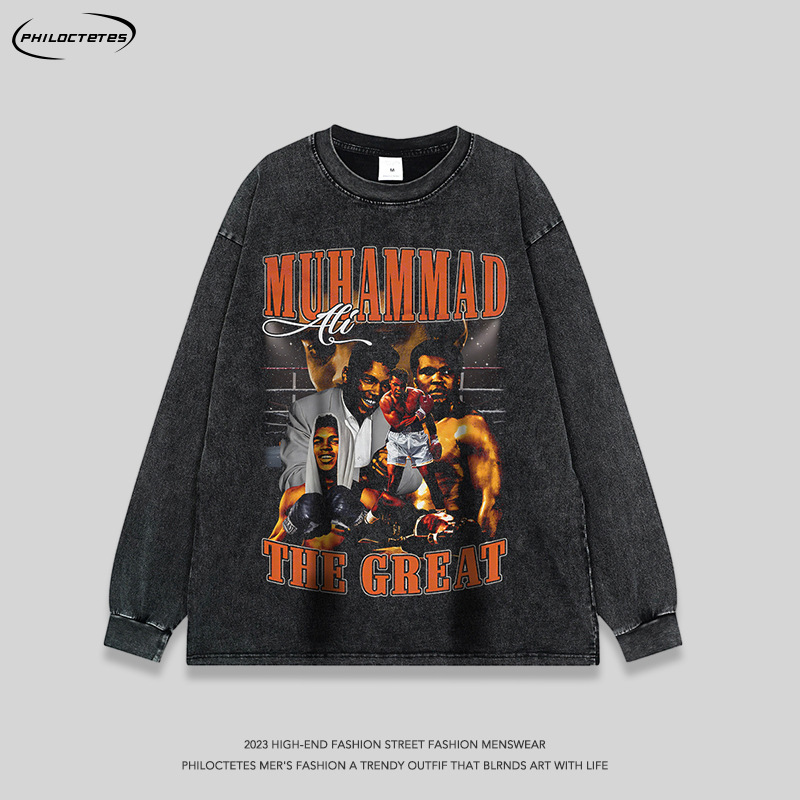 American hip hop boxing figure heavy short-sleeved T men's and women's high street fashion fighting retro bottoming long-sleeved T-shirt