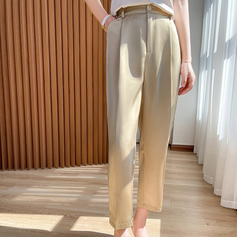Ice Silk Acetic Acid Satin Hallen Pants Women's Cropped Pants Summer Thin Loose Carrot Pants Silk plus size Casual Pants
