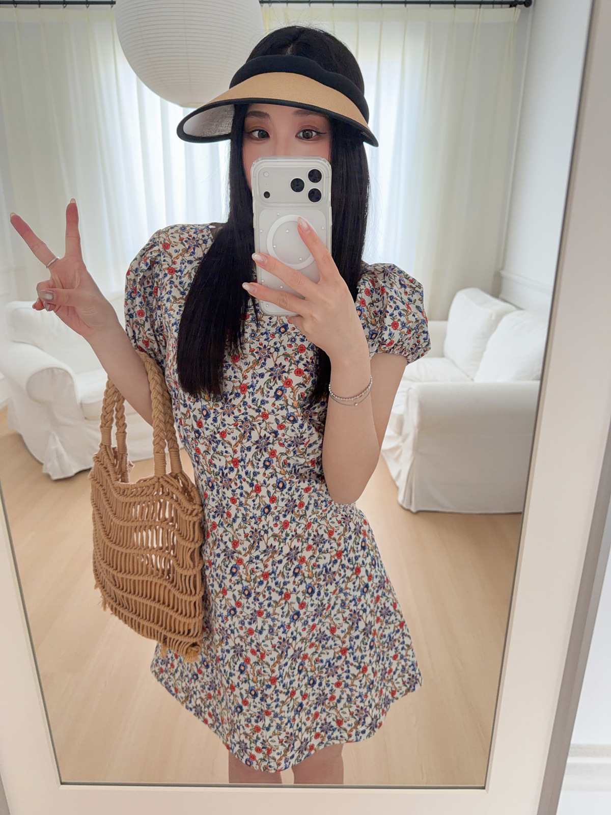French-Style Niche 26 Summer New Sweet Youthful Floral Puff Sleeve Round Neck High-Waisted Slimming A-Line Dress for Women