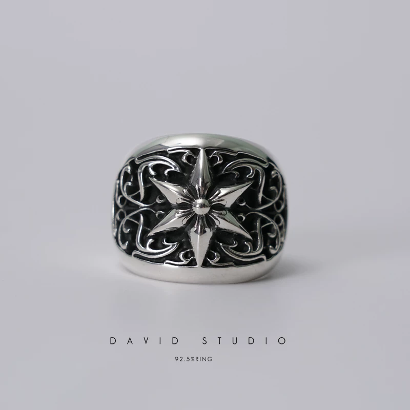 David Studio925 sterling silver handmade hexagonal star wide face men's ring Luo Zhixiang GD same style ring