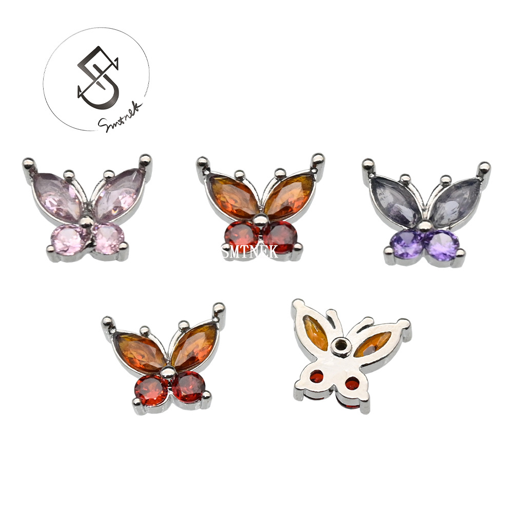SMTNEK Copper Material Electroplated Multicolor Zircon Inlaid Butterfly Lip Stud Earrings Cartoon Animal Piercing Jewelry