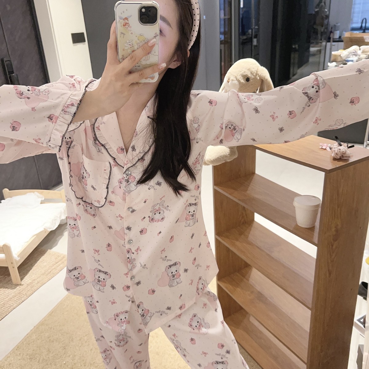 [Cuddle Bear] Japanese Style Cute Pajamas for Women Autum New Long-Sleeved Pants Ice Silk Bear Print Suit