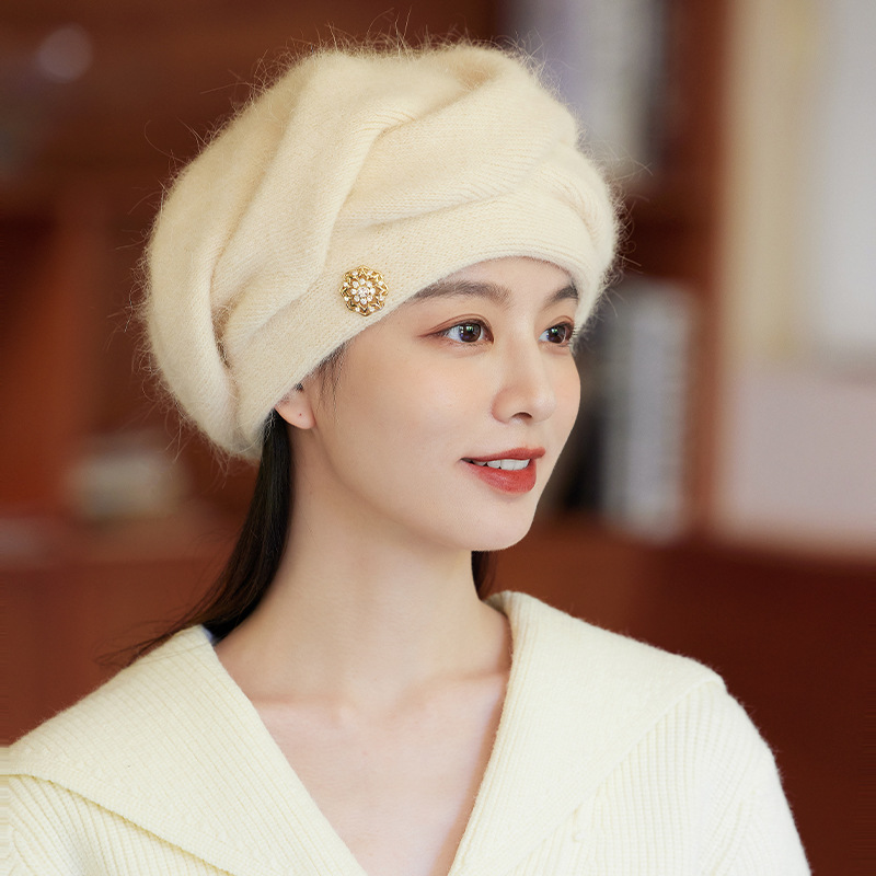 Hat Women's Winter All-match Mother's Hat Fashion Western Style Warm-keeping Women's Big Head Rabbit Fur Beret Octagonal Cap