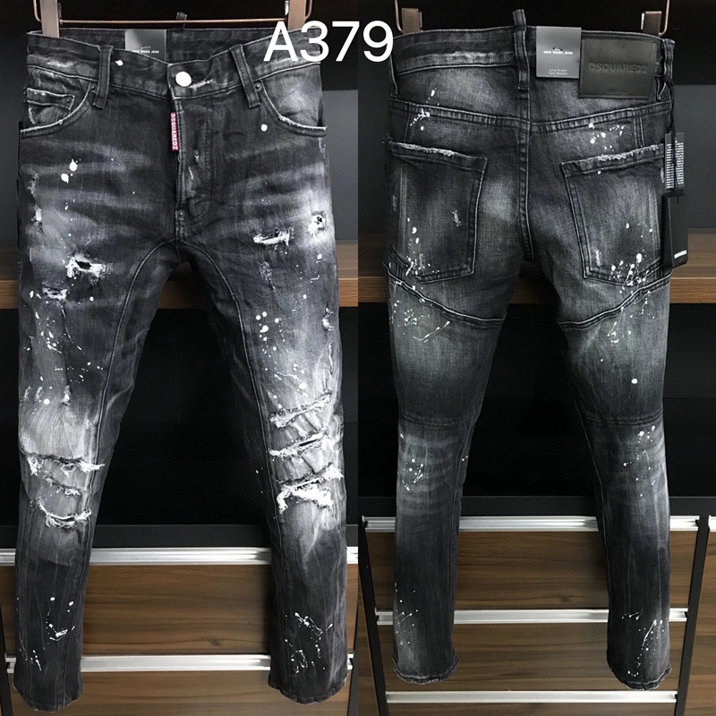 A379 stitching fashion patch with diamond holes DSQ Men's jeans tide cross-border European style small feet men's pants