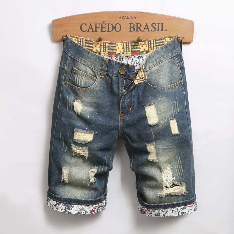European and American Summer Fashionable Frayed Hole Inner Cloth Hand-painted Monkey Point Craft Three-dimensional Cat Mustache Straight Jeans for Men