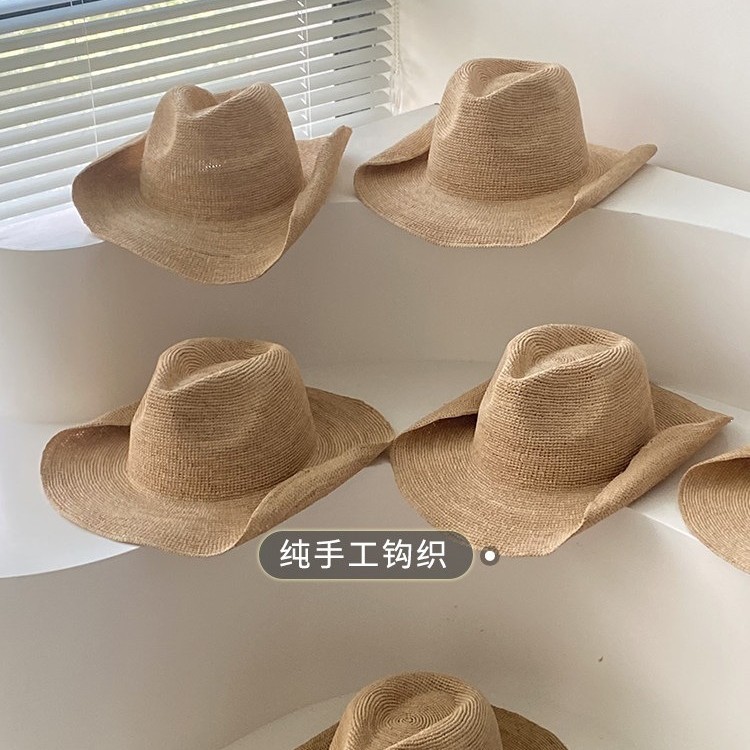 Side-Striped Vintage Western Cowboy Hat for Women, Beach Vacation Straw Fedora, Panama Straw Hat